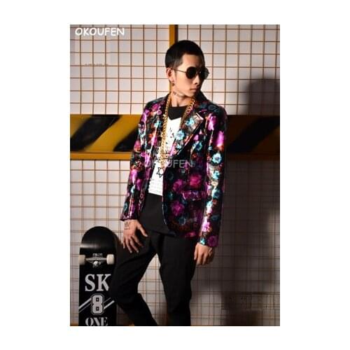 Personality Fashion PU leather Printed Suit hairdresser star nightclub bar singer DJ performance costume stage show dance wear