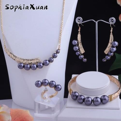 SophiaXuan Hawaiian Fashion Jewelry Sets 7 Color Pearl Gold Plated Ring Bracelets Earrings Necklace Sets for Women Gift New 2021