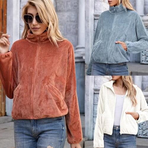 Women Winter Lapel Jacket Ribbed Flannel Velvet Solid Zipper Coat 2020 Autumn Casual Long Sleeve Loose Short Outwear Sweatshirt