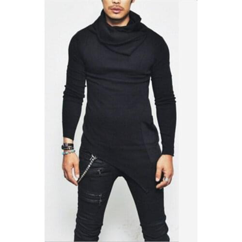 New Autumn Spring Men Fashion Long Sleeve Slim T-shirt Thin Turtleneck Shirt Solid Irregular Tops Tee Pullover