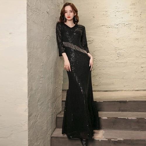 New Elegant Black Sequins Evening Dress V-Neck Floor-length Mermaid Three Quarter Sleeves Plus size Women Formal Party Gown C706