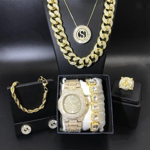 Luxury Men Gold Watch Hip Hop Men Necklace & Watch & Braclete & Ring & Earrings Combo Set Ice Out Cuban Jewerly Hip Hop For Men