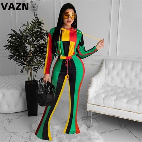 VAZN 2020 Autumn High Quality Patchwork Daily Elegant Office Young Sexy Hooded Full Sleeve Boot Cut Long Pants Women 2 Piece Set