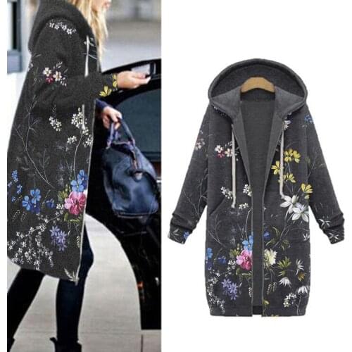 Vintage Jacket Women Winter Warm Hoodie Floral Print Zipper Cotton Blend Cardigan Coat Long Outerwear Chaquetas De Mujer 2021