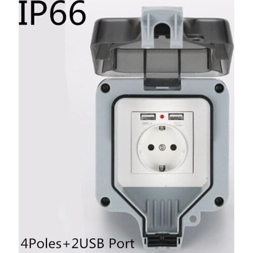 IP66 Weatherproof Waterproof Outdoor 16A EU Standard Wall Power Socket With Dual USB Charging Port 2.4A Output