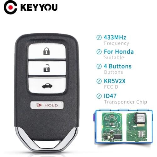 KEYYOU Replacement Remote Car Key For Honda Civic Accord 2013-2016 FCC ID: KR5V2X 433MHz 3+1 4 Buttons ID47 Chip