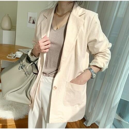 New Womens Blazers Casual Loose Jacket 2021 Autumn One Button Notched Cotton and Linen Vintage Pockets Tops