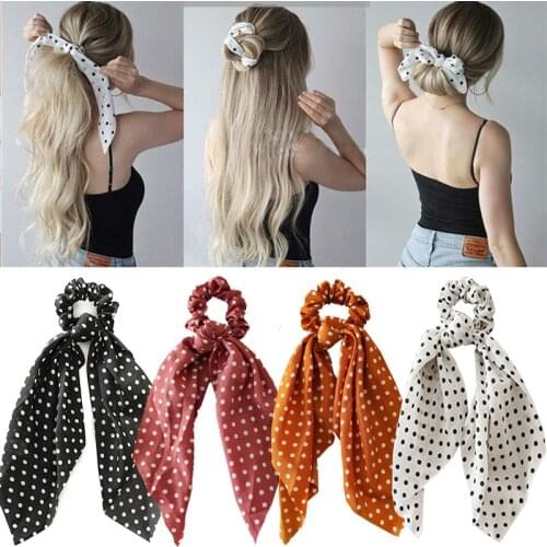 Vintage Dots Hair Scarf For Women Scrunchie Long Ribbon Elastic Hair Band Girl Fashion Ponytail Holder Tie Hair Accessories 2021