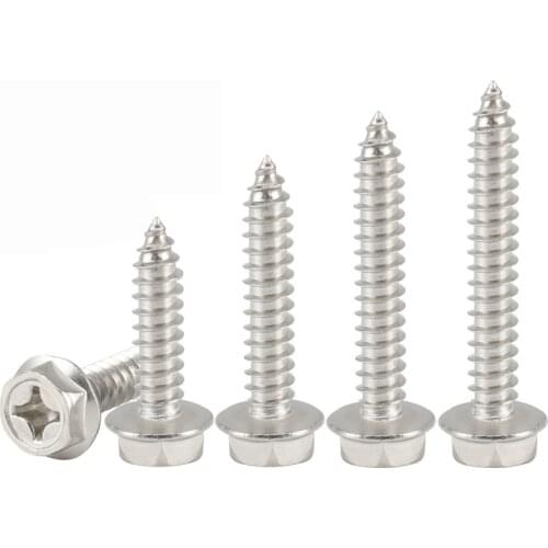 304 Stainless Steel With Pad Washer Cross Hexagon Head Tapping Bolts Phillips External Hex Flange Self Tapping Wood Screws M3-M6