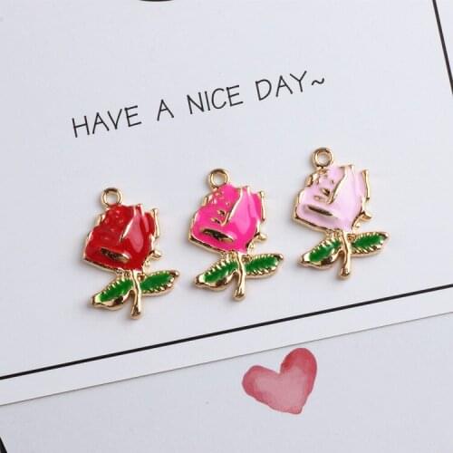 50pcs/lot alloy drop oil gold-color flowers cartoon rose floral shape metal fashion pendants charms diy jewelry finding