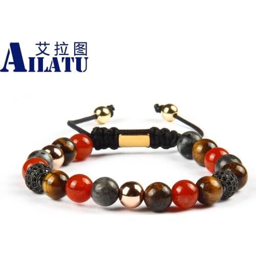 Ailatu Wholesale 10pcs/lot Cubic Micro Pave Black Cz Ball Macrame Bracelet for Nice Mens Gift with 8mm Natural Mix Stone Beads