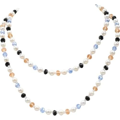 Free shipping cheap fine jewelry multi color crystal beads genuine oyster pearls daily long body necklace for lady hot sell