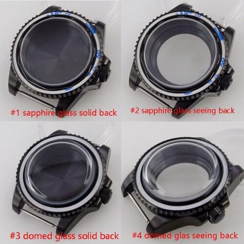 40MM Bliger Black PVD Plated Watch Case Sapphire/Domed Mineral Glass Rotating Bezel Screwdown Crown For NH35 NH36 No Insert