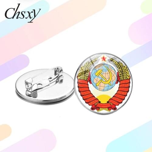 CHSXY CCCP Communism Red Star Hammer Sickle Emblem Brooch USSR Soviet Army Photo Glass Cabochon Lapel Pins Button Russian Badges