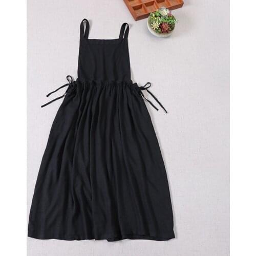 Japan Style Mori Girl Linen Strap Dress Loose Solid Color Big Hem Elastic Waist Long Dress Women