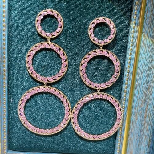 HIBRIDE Luxury Big Round Long Dangle Earrings Trendy Cubic Zircon Wedding Engagement Party Dubai Gold Earrings for women E-456