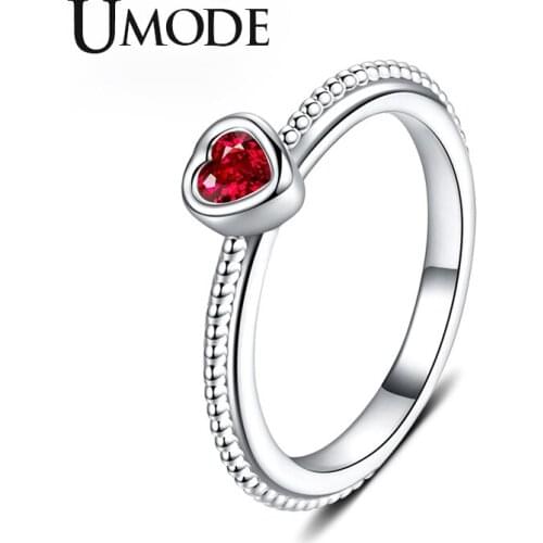 UMODE New Rose Red Zircon CZ Crystal Red Heart Rings for Women Fashion Heart White Gold Beads Jewelry Anillos Mujer AUR0507