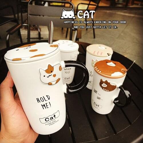 Cute Cat Cartoon Mug Coffee Milk Mugs Breakfast Home Cup Ceramic Cups with Lid and Spoon Christmas Lovely Gifts