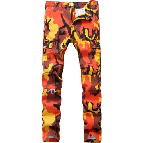 Mens Camouflage orange camouflage straight stretch Pants Motocycle Camo Slim Fit Trousers COOL Fashion Design Slim Casual Pants