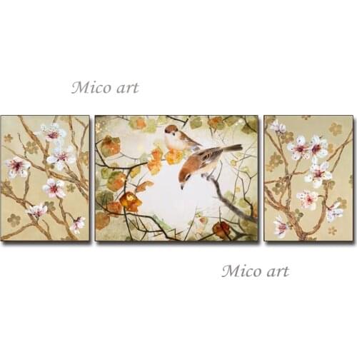 Wall Decor 3 Panel New Design Pure Hand Painted Spring Scenery Oil Painting Bird In Tree Picture Group Canvas Wall Art Paintings
