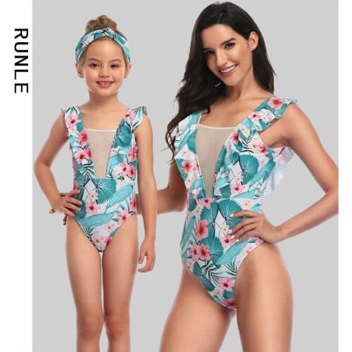 2021 New Flower Color Mesh One-Piece Parent-Child Swimsuit Women Baby Kids Bikini for Family Clothing Sets Holiday Mom Swimwear