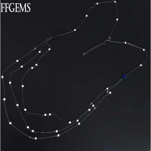 FFGem Sterling Silver High Quolity Simple Blue Long Necklace Chain Double-deck Black Gold Women Fine Jewelry Party Wedding Gift