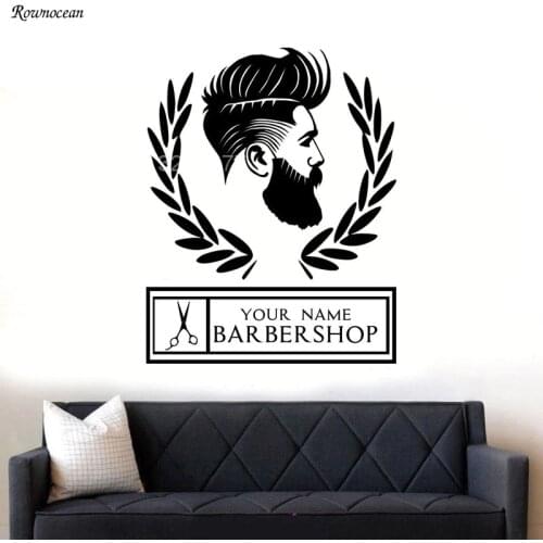Personalised Store Name For Barber Shop Hipster Man Silhouette Wall Art Sticker Decal For Window Waterproof BA02