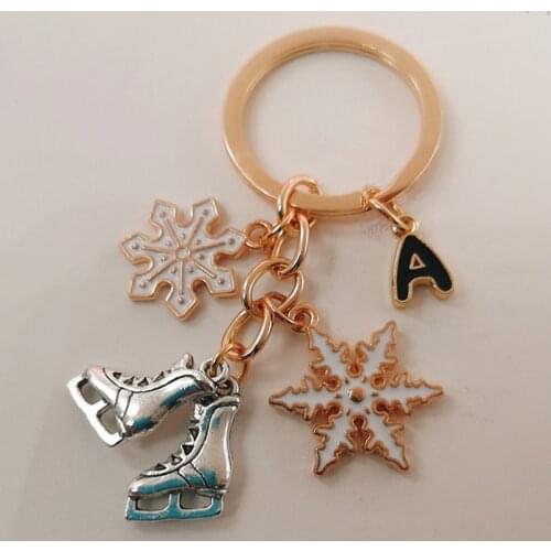Initial A-Z Skate Shoes Pendant 26 Letter Snowflake Enamel Keychain Winter Christmas Gift for Woman Man Keyring