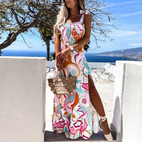 Summer Sexy Sleeveless Beach Maxi Dress Elegant Tie-Up Sling Ruffle Split Party Dress Women Retro Pattern Print Boho Long Dress