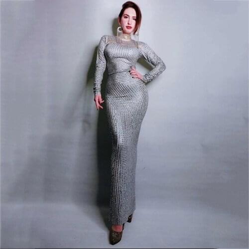 Full Rhinestone Long Sleeves Sparkly Long Dresses Sexy Stage Outfit Birthday Party Celebrate Evening Bar Dancing Clothing DT1025