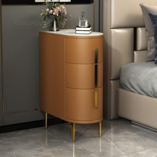 Luxury Leather Bedside Table Modern Simple Nightstands Bedroom Furniture Nordic Solid Wood Rock Board Narrow Bedside Cabinet