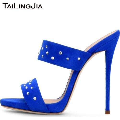 Blue Faux Suede High Heel Mules with Crystal Nude Elegant Sandals Women Studded Dress Heels Ladies Summer Slim Platform Shoes