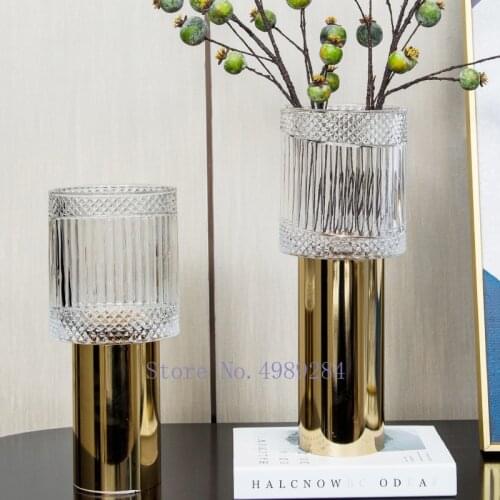 Glass Vase Golden Geometry Tall Feet Candlestick Candle Holder Modern Home Decoration Flower Arrangement Crafts Furnishings