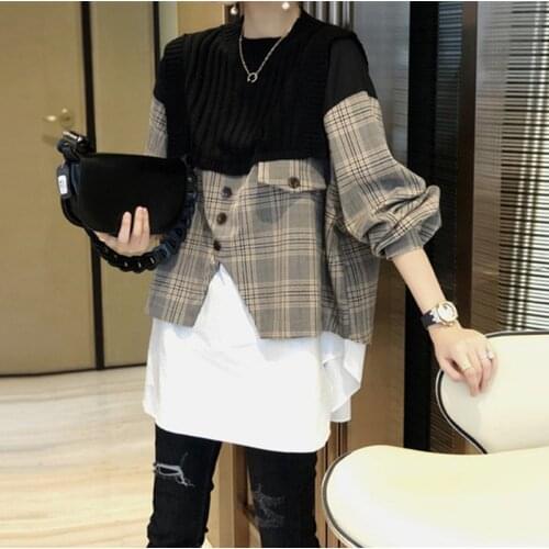 Autumn Winter New Loose Stitching Wool Sweater Women Fake Two-Piece Button Pocket Casual England Style Streetwear Thick Pullover