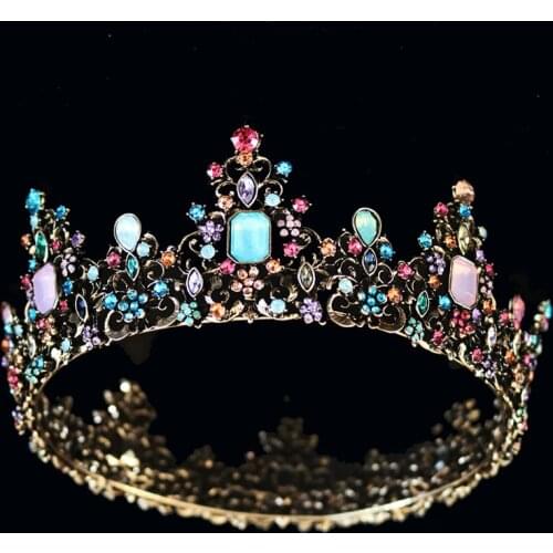 Baroque Royal Queen Round Crown Colorful Jelly Crystal Rhinestone Stone Wedding Tiaras For Women Costume Bridal Hair Accessories