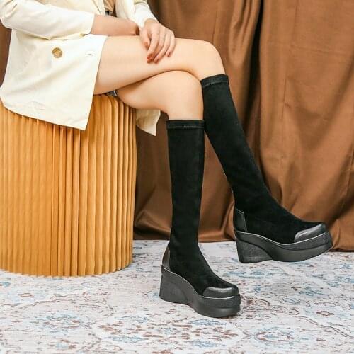 Women Winter Warm Boots Platform Wedge Shoes Flocks Knee High Boots Non-slip Round Head Height Increased Woman Boots Winter Shoe