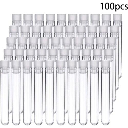 100Pcs Clear Plastic Test Tubes with White Screw Caps Sample Containers Bottles Push Caps 12X75mm