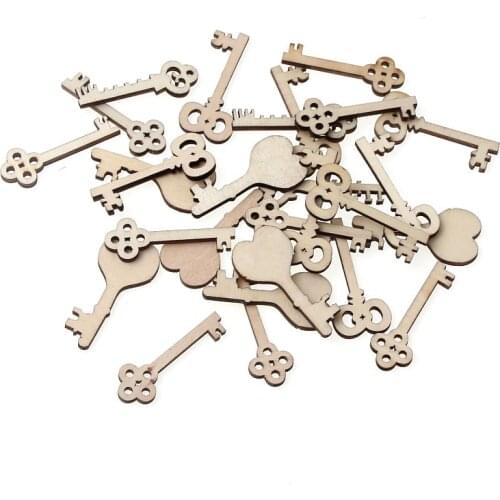 50Pcs Natural Wood Key Hollow Scrapbooking Crafts Hanging Ornament Handmade Accessory Home Decoration Diy 40mm
