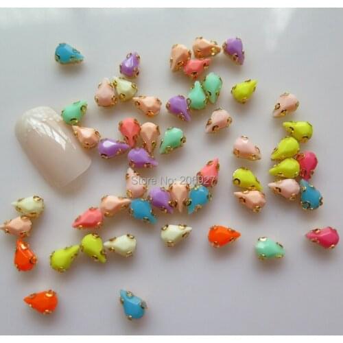 #96 5pcs Cute Mix 6*8MM Colorful Drop Resin Rhinestone With Gold Holder Shape Nail Resin Decoration Outlooking