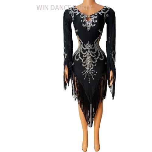 Sparkly Silver Memaid Tassel Rhinestone Elastic short Latin Modern Birthday Stage play Celebrate Dress Dancer Party Show Dress