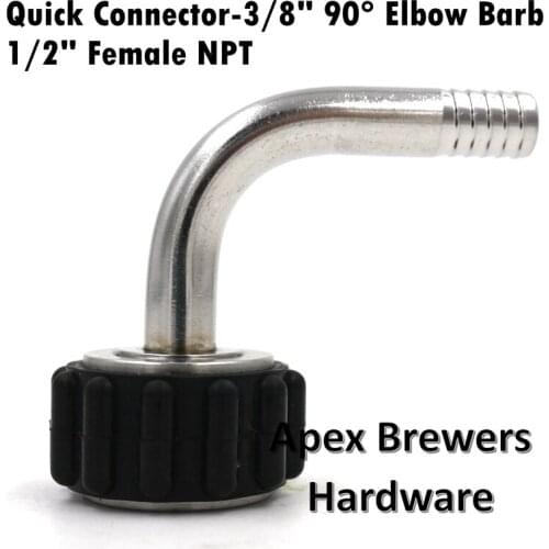 Quick Connector, 3/8" 90 Degree Elbow Barb, 1/2" Female NPT, Silicone Grip, Brewer Hardware, Pump Fittings
