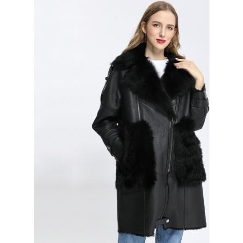 Black Long Fur Coat Fashion Women Fur Lined Jacket Motorcycle Genuine Sheepskin Leather Jackets