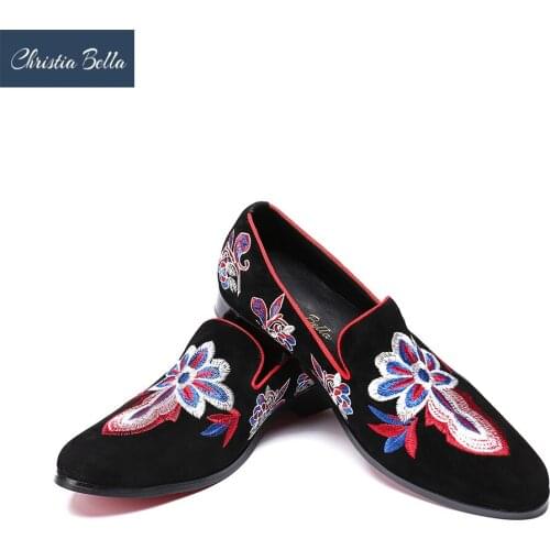 Christia Bella Brand New Style Flower Embroidery Black Men Loafers Wedding and Party Men Dress Shoes Fashion Mens Flats