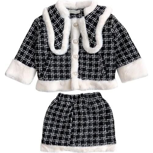 New Girls Clothing Sets Kids Costume Fashion Winter Plaid Cardigan Coat+Skirt 2pc Princess Party Kids Set 1-7Yrs Toddler Clothes