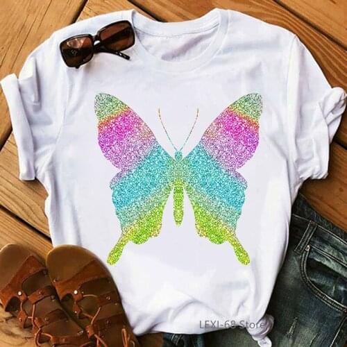 Rainbow Watercolor Butterfly Print Tshirts Women Summer Fashion T Shirt Femme Harajuku Shirt Kawaii Clothes Streetwear