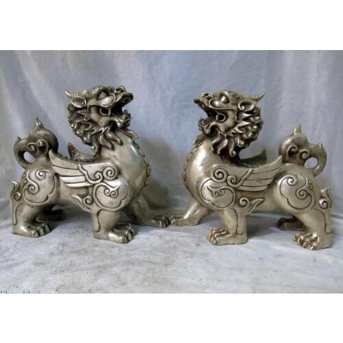 Fine silver sculpture lucky China Town house Foo Dogs Lions Kylin Pair Statue
