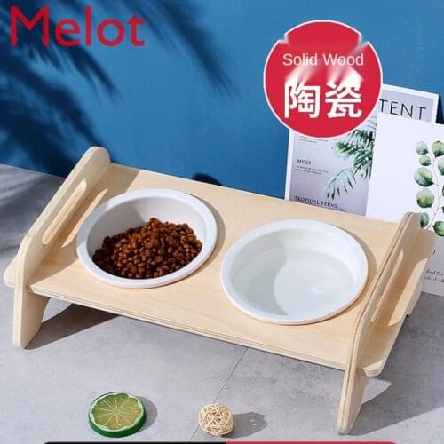 Cat Bowl Basswood Ceramic Double Bowl Oblique Mouth Pet Bowl Protection Cervical Spine Dog Basin Dog Water Bowl