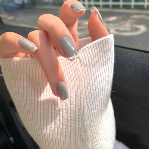 Morandi blue gray pure color french false nails 14pcs with glue Middle-long size lady full nail tips bride fake nails cute