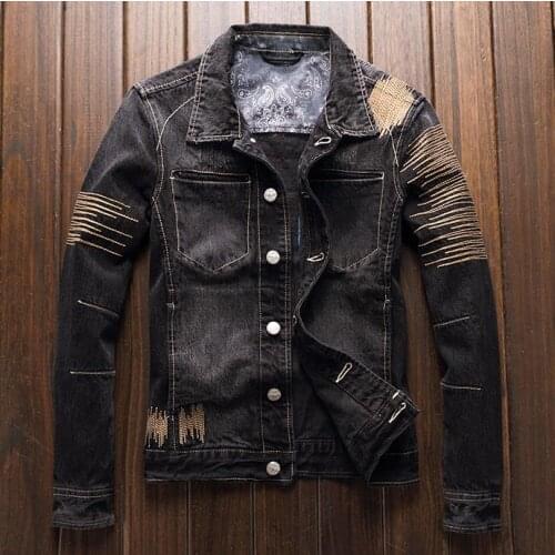 Denim Mens Black Vintage Classic Biker Motorcycle Jacket Retro Slim Fit Embroidery Distressed Jeans Coat Drop Shipping
