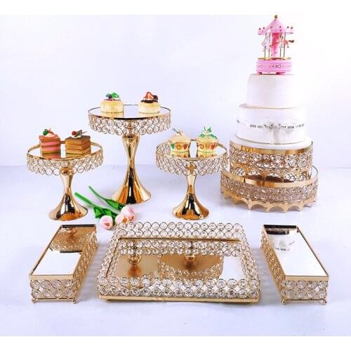 3-9pcs Crystal Metal Cake Stand Set Acrylic Mirror Cupcake Decorations Dessert Pedestal Wedding Party Display Tray